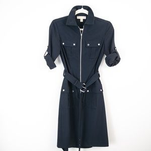 Michael Kors Belted Shirt Dress w/Rolled Sleeves Zip Front Navy Blue XS